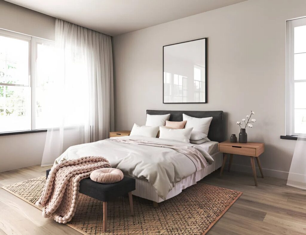 Cozy, light-filled bedroom with soft neutral walls, painted by a professional painter in Ashland, MA