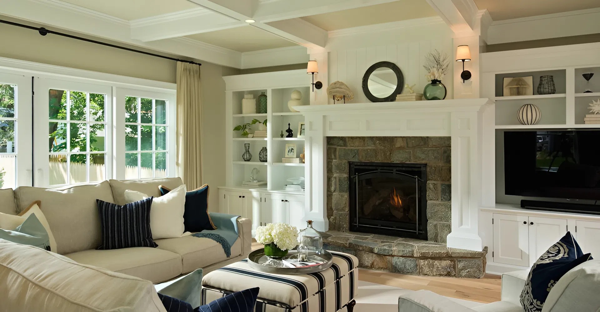 Living room with detailed crisp white trims and smooth finishes by an interior painter in Ashland, MA