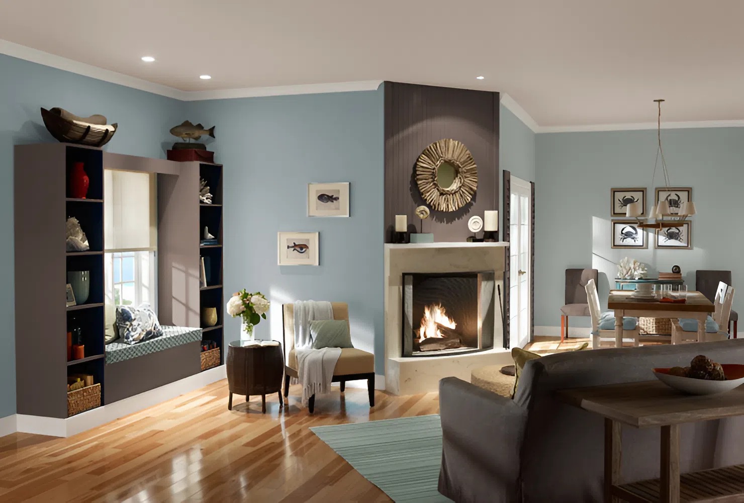 Light blue walls with charcoal accents and crisp white trims by a painting company in Wellesley, MA