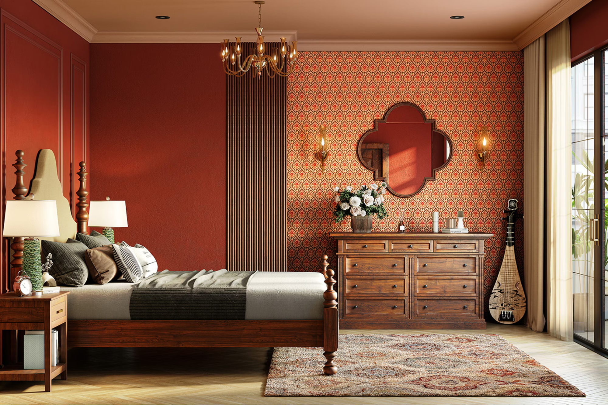 Warm terracotta bedroom walls and patterned accent design by an interior painter in Ashland, MA