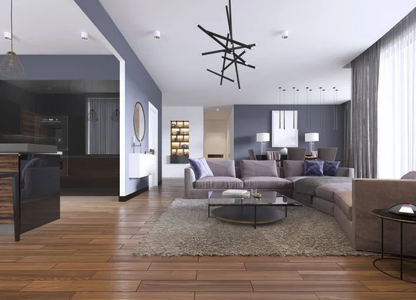 Blue-gray and neutral living room with crisp white trim by a painting company in Dover, MA